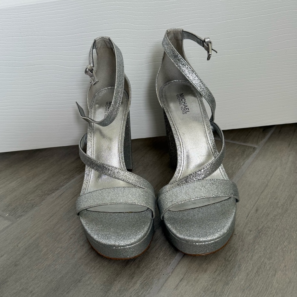 Michael Kors Silver Strappy Heels with Platform